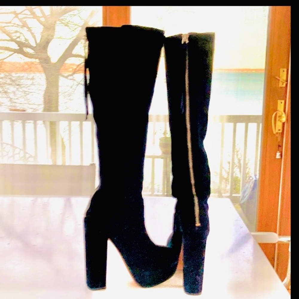 Black Leather knee high boots high heeled platform Stevie Nicks Retro Boots